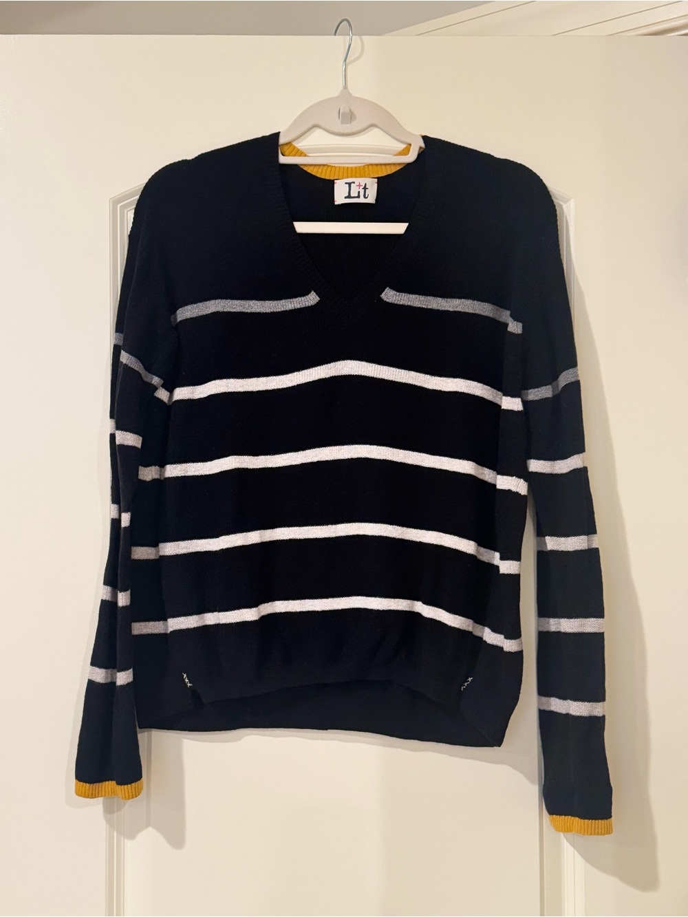 Label + Theead Black V-Neck Stripe Sweater with White Stripes
